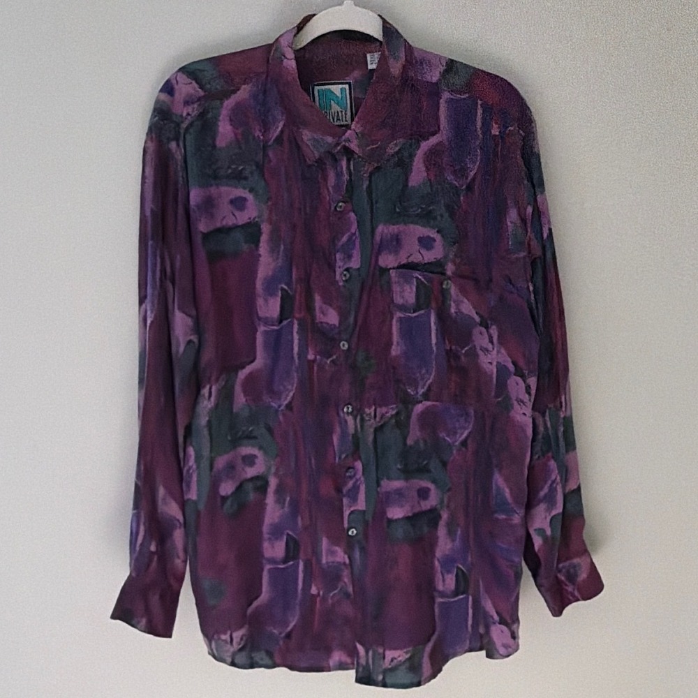 In Private Mens Medium Vintage 100%‎ Silk Abstract Shirt Purple Long Sleeve